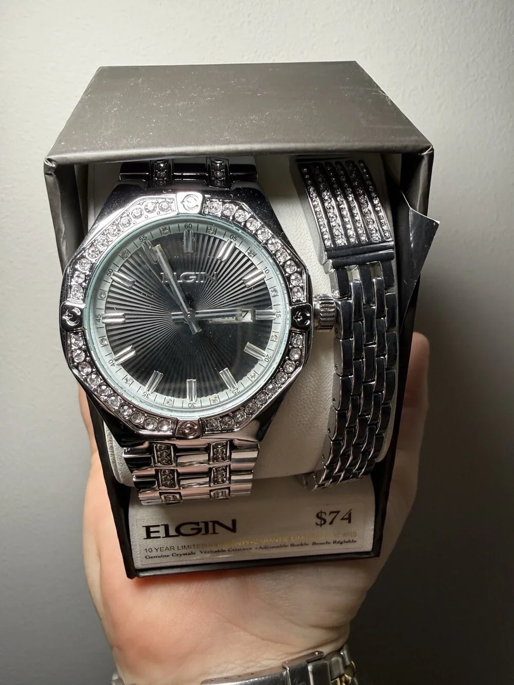 Elgin Men’s Crystal Watch & Bracelet Gift Set Silver Tone New Old Stock Box